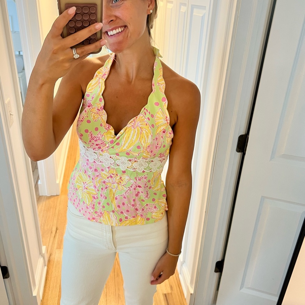 Lilly Pulitzer Floral Halter Tank Top - Pink and Yellow
